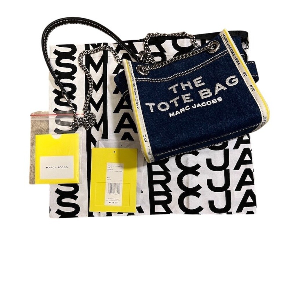 Marc Jacobs The Tote Bag Womens Small Denim Chain Crossbody Dark Wash Blue